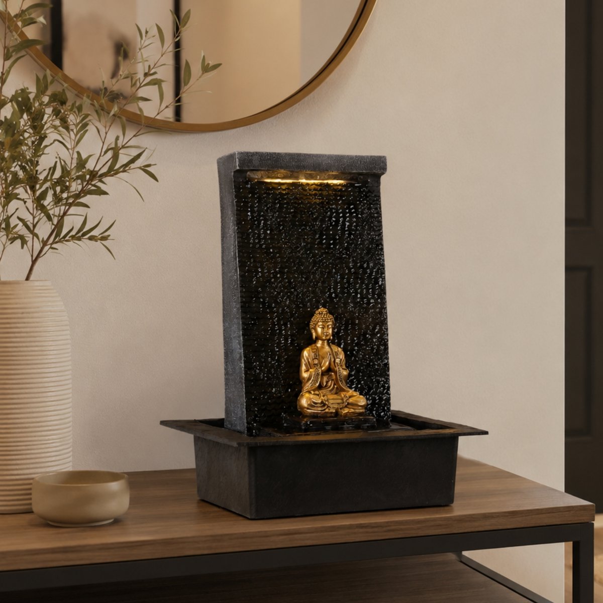 Zimmerbrunnen – Zenitude – Buddha-Statue LED-Beleuchtung – Zen- und Entspannungsatmosphäre – Deko-Idee