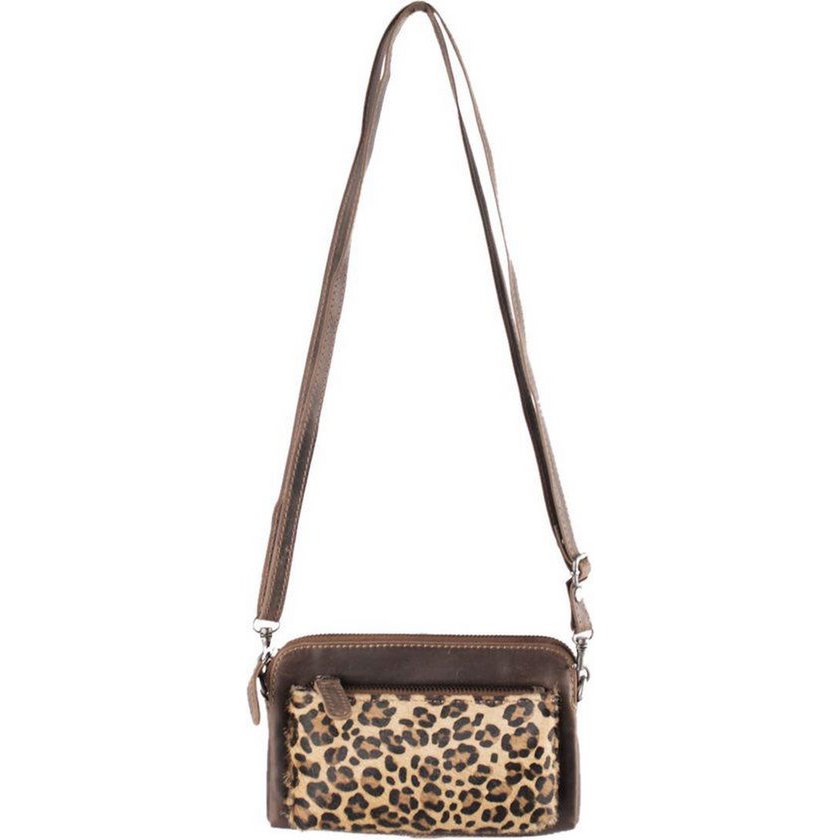 Arrigo Cognac Colored Dames CrossBody Tas/Clutch med Luiopard Direer Print in Learning