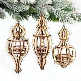 Wooden ornaments, laser-cut baubles, natural wood, decorative hanging, Christmas tree, intricate geometric design, DIY kit.