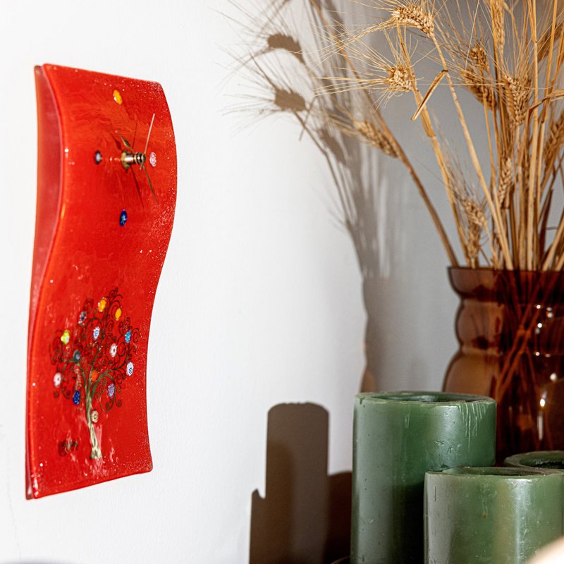 Havered rechteckige Wanduhr, in Murano -Glas, Geschenkidee, Gefälligkeiten, goldener Dekorationsbaum des Lebens