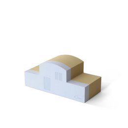  White and tan modular town house building blocks, architectural construction toy set with geometric shapes.