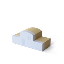 White and tan modular town house building blocks, architectural construction toy set with geometric shapes.
