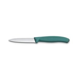 Green-handled serrated paring knife, 8cm blade, for chopping and slicing tasks in the kitchen.