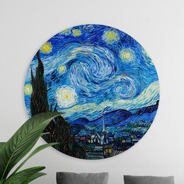 A round wall decor featuring a reproduction of Van Gogh's famous "The Starry Night" painting. The artwork depicts a swirling night sky with stars and a crescent moon over a small village. The product is available in three sizes: 40 cm, 60 cm, and 80 cm in diameter.