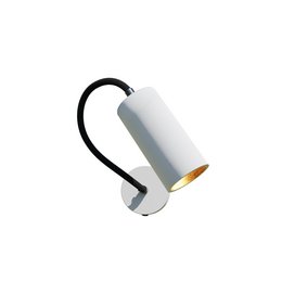 A modern, gold and white wall light with a single flame. The light has a cylindrical shape and a sleek, minimalist design.