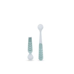  A set of light blue children's cutlery including a spoon and fork with a soft, ergonomic grip for easy handling.