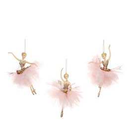 A set of 3 pink and champagne-colored ballerina ornaments, each measuring 18cm in height. The ornaments feature delicate tulle tutus and gold-colored accents, capturing the graceful movements of ballerinas.
