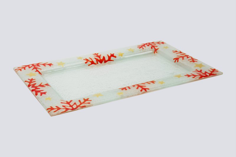 Xmas Tray Small 35x21 White Red Snow Flakes