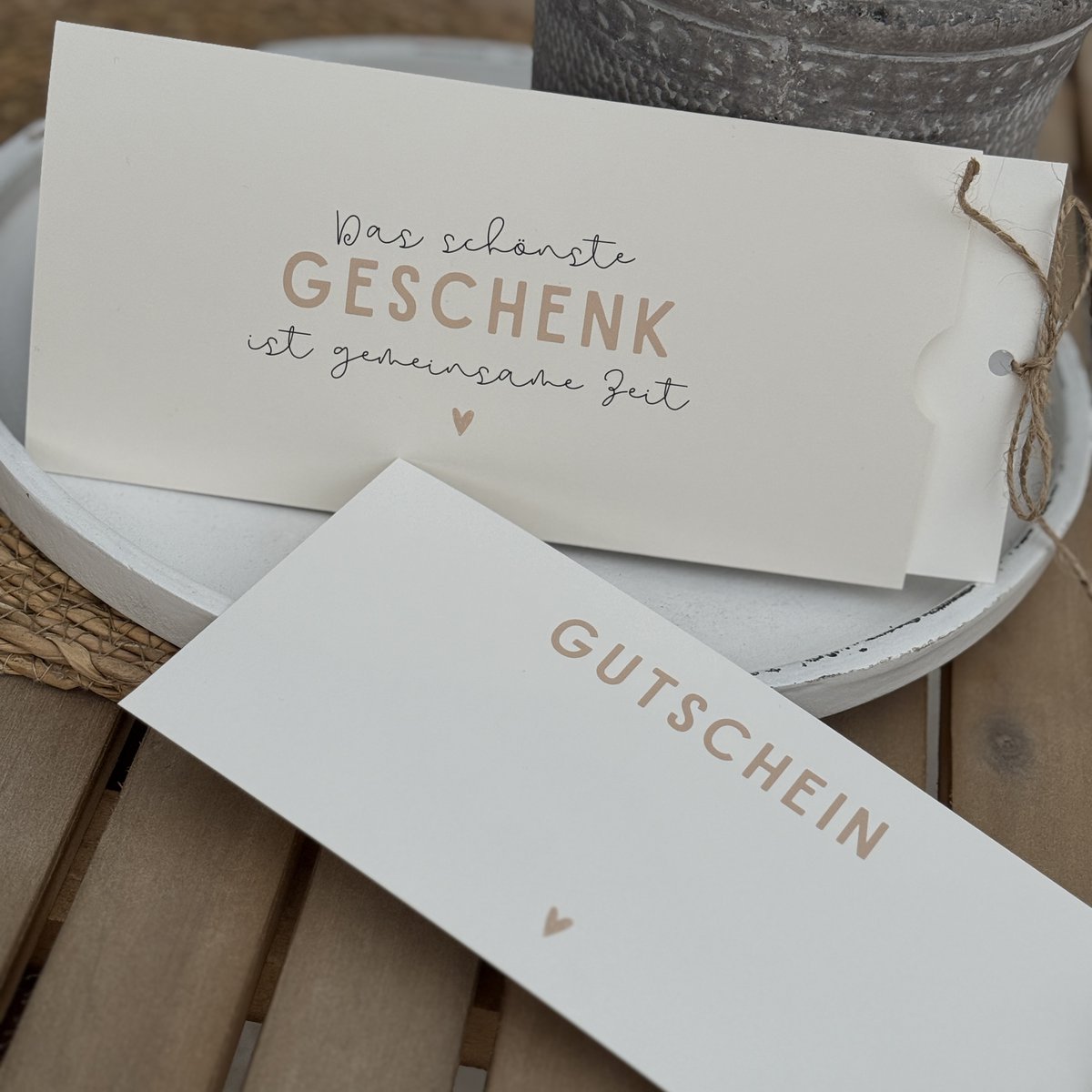 Vouchers met beschrijfbare binnenkant | Voucher voor tijd samen, individuele, bijzondere, natuurlijke kleuren met koord in DIN lang formaat