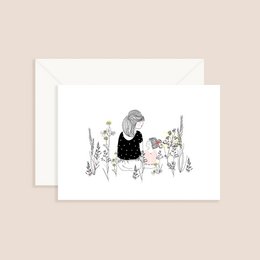 Card Vegetal Break - Achteraanzicht Zittende vrouw kijkt naar haar dochter roze top of zoon gestreepte blauwe top en planten