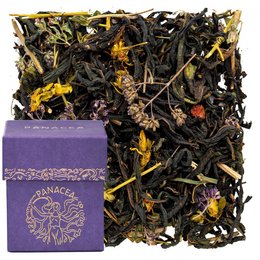 Loose leaf black tea with dried flowers and herbs, including chamomile, lavender, and rose petals. Earthy, floral aroma and flavor.