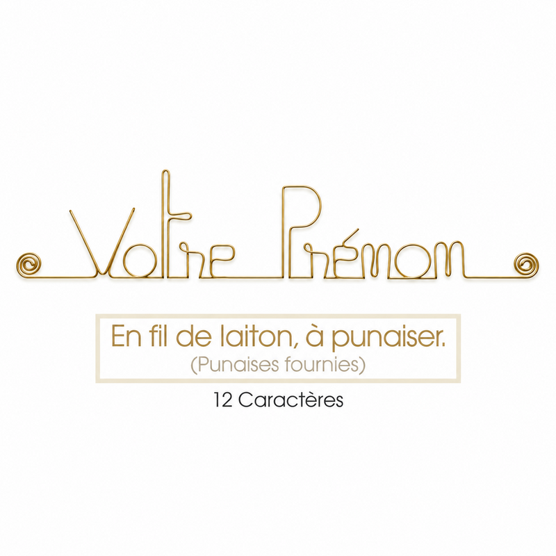 Prénom personnalisé - Long - en fil de laiton doré - à punaiser - Bijoux de mur