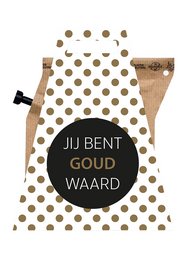 A gold-colored coffee brewer with a polka dot pattern and the text "JIJ BENT GOUD WAARD" (Dutch for "You are worth gold"). The image also shows coffee beans and a hand pouring coffee into a white cup.