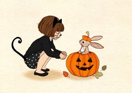 Postcard with Halloween-themed illustration featuring a girl and a pumpkin with a jack-o-lantern face.