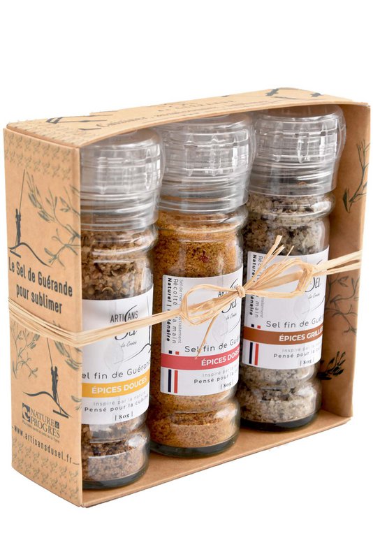 Box of 3 mills - Fine salt of Guérande IGP Soft Spices, Golden Spices and Grilled Spices | Salt craftsmen