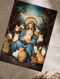  Ornate religious postcard depicting the Madonna of the Cats, surrounded by a group of feline companions in a lush, natural setting.