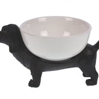 Dachshund with decorative dish