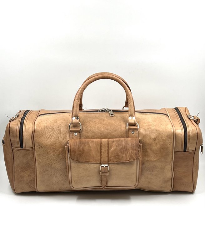 Borsa da viaggio grande in pelle marocchina fatta a mano - Borsone artigianale "Voyager" in marrone naturale organico