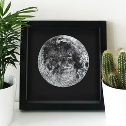 Detailed black and white image of the moon, featuring its craters and surface textures. This wall art piece would be suitable for a space or astronomy-themed decor.