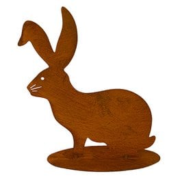 Rustic metal rabbit garden sculpture in a shabby chic decorative design, with a patina finish, mounted on a base plate.