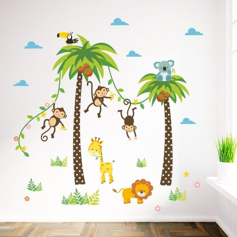 Jungle animals savanna palm coconut tree stickers