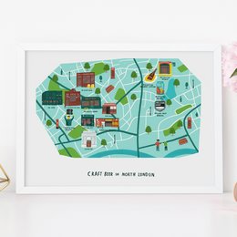 The image appears to be a map of craft beer locations in North London. The map features various icons and illustrations representing different craft beer establishments, such as pubs, breweries, and beer-related landmarks. The overall style is whimsical and colorful, with a hand-drawn aesthetic.
Based on the information provided, a relevant description for this product could be:
"Colorful illustrated map of craft beer locations in North London, featuring a variety of icons and symbols representing pubs, breweries, and other beer-related landmarks. The map has a playful, hand-drawn style that captures the vibrant craft beer scene in the area."
This description highlights the key elements of the product, including the colors, illustrations, and the focus on craft beer in North London, which would be relevant for a semantic search related to this type of wall art or map.