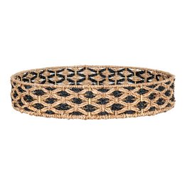 Oval woven rattan serving tray with intricate diamond pattern border in natural and black colors.