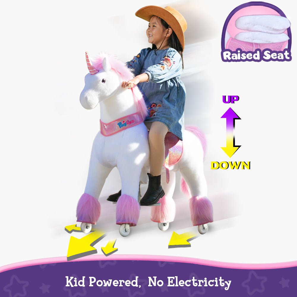 PonyCycle Official Classic Ride on Toys Modèle U Licorne blanche, rose et violette - avec frein et son