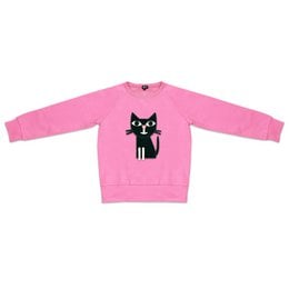 A cozy pink sweatshirt featuring a playful black cat graphic, perfect for kids. The sweatshirt is available in a range of sizes from 74 to 152 cm, making it suitable for growing children.