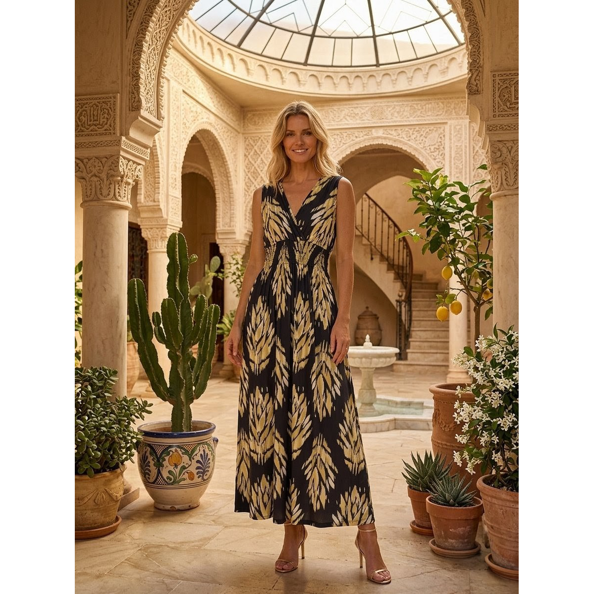Sukienka maxi „Letnia” – artystyczny nadruk Ikat i marszczenie w talii – 602-57