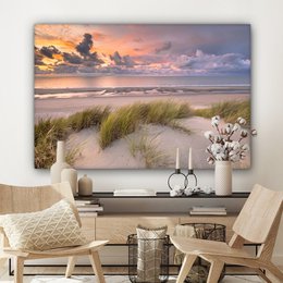 Lærredsmaleri - vægdekoration - solnedgang - klit - strand - planter - hav