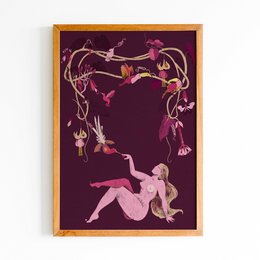 "Garden of Eden" wall art featuring a nude female figure surrounded by abstract floral elements in shades of pink and purple.
The image depicts a surreal, artistic interpretation of the "Garden of Eden" theme. The central focus is a nude female figure, rendered in a stylized, abstract manner, suspended amidst a lush, organic arrangement of floral and plant-like elements in vibrant shades of pink and purple. The overall composition has a dreamlike, ethereal quality, evoking a sense of nature, femininity, and the human form.
This wall art would be suitable for a variety of home decor settings, particularly those with a modern, artistic, or nature-inspired aesthetic. The abstract, symbolic nature of the imagery allows for broad interpretations and could appeal to a wide range of consumers interested in unique, visually striking artwork for their living spaces.
