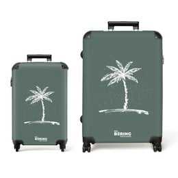  Green suitcase with white palm tree design, available in 3 sizes (62x83 cm, 53x72 cm, 45x61 cm), made of lightweight material, with 4 wheels for easy rolling.