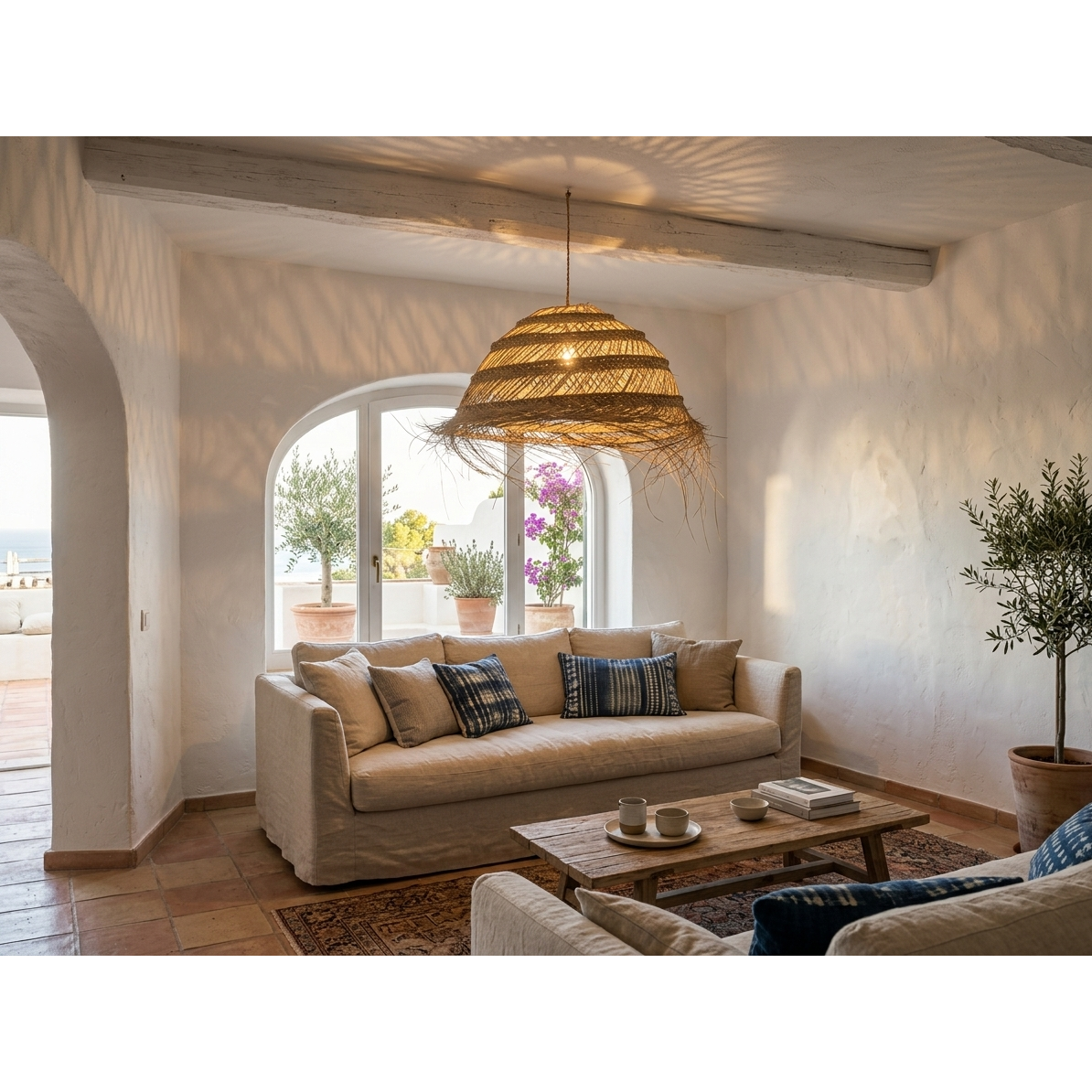 Lámpara de Techo Artesanal de Esparto y Fibra Natural – Pantalla Colgante Estilo Mediterráneo, Rústico y Boho Chic para Salón, Comedor o Terraza (Hecha a Mano)