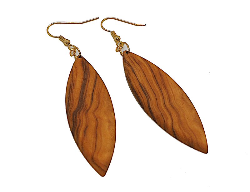 Geometric hanging earrings in leaf shape made of strikingly grained olive wood, very light, matt oiled surface