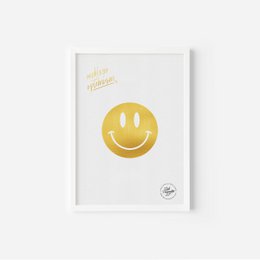 A3 size art print featuring a yellow smiley face icon on a white background with the text "Hello Sunshine" in gold.
