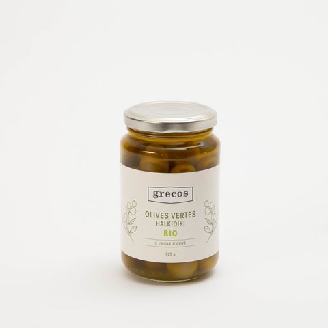 HALKIDIKI GREEN OLIVES WITH ORGANIC OLIVE OIL - 325G GLASS JAR