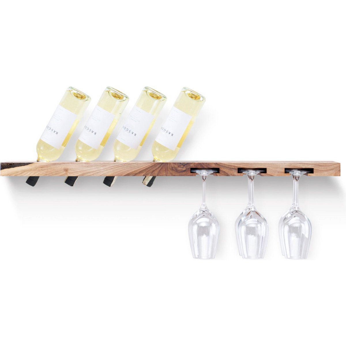 Tu Las™ Portabotellas de madera que incluye copas de vino y portacopas de champán - 94 x 22 x 4 cm - Portabotellas de vino flotante - Montaje en pared - Madera de nogal