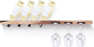 Tu Las™ Wooden wine bottle holder including wine glasses and champagne glass holder - 94 x 22 x 4 cm - Floating wine bottle holder - Wall mount - Walnut wood
