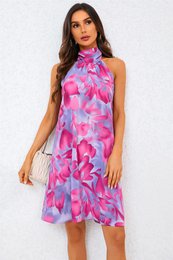 Abstrakt blomsterprint halter hals slips tilbage mini kjole i lyserød