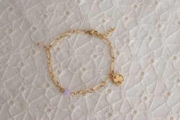 Pulsera de calcedonia, cuarzo rosa y trébol de cuatro hojas - Oro