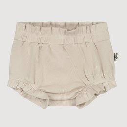 Cream ribbed bloomer shorts, elastic waist, bubble hem, soft cotton baby pants.