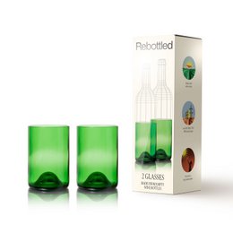 Two green glass tumblers in a gift box.