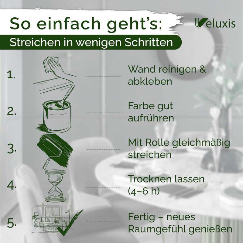 Veluxis® Wandfarbe Grau für den Innenraum - 2,5 Liter & Deckkraft-Klasse 1, Streifenfrei, tropfarm & Öko Farbe, VOC-frei - (Sesame Ice Cream)