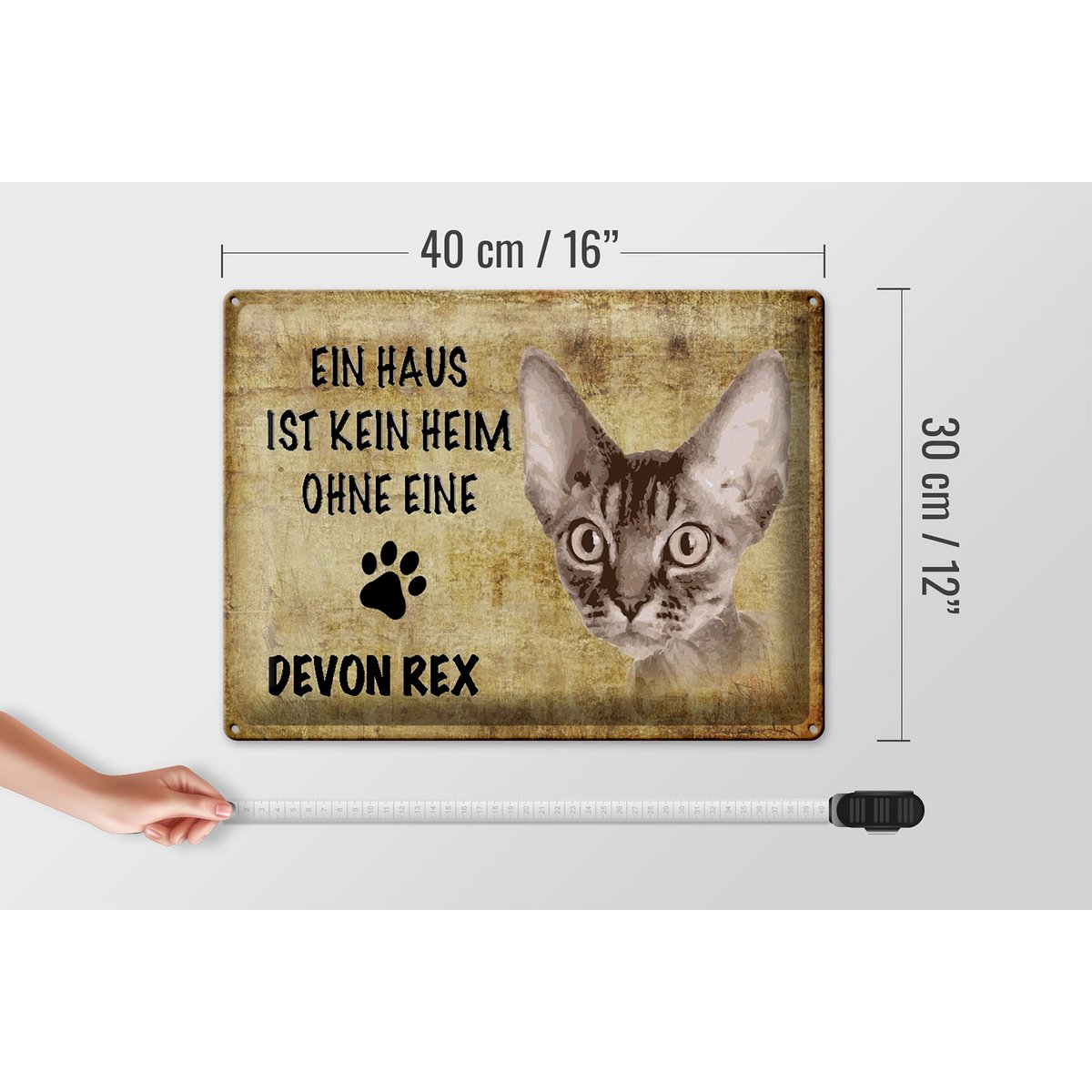 Metal sign saying 40x30cm Devon Rex cat without no home
