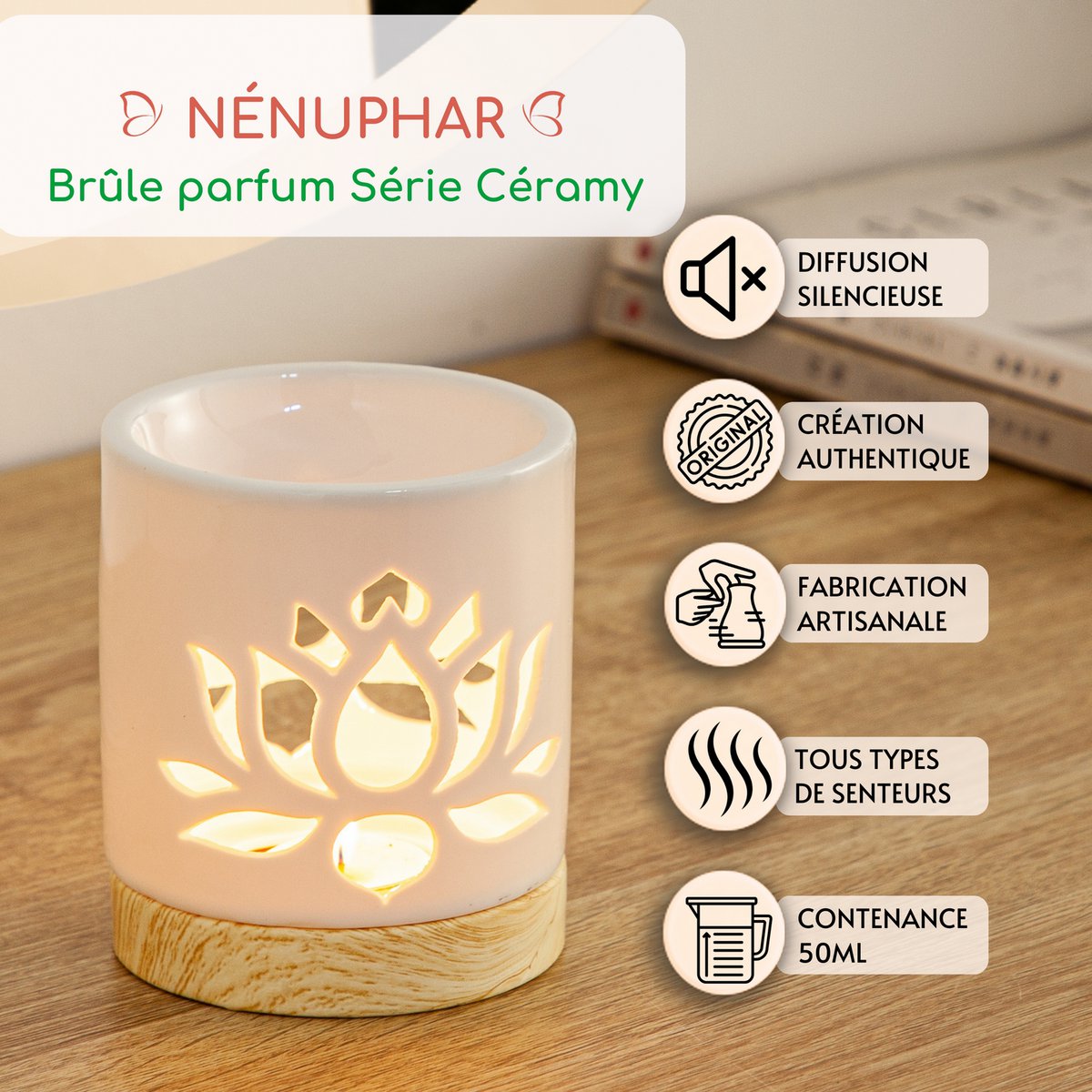 Quemador de perfume serie Céramy – Nenúfar – Portavelas de cerámica lacada – Difusión de ceras aromáticas, aceites esenciales – Idea decorativa de regalo