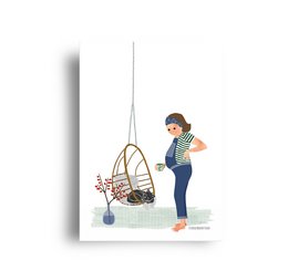 A postcard featuring a hanging chair with a basket of flowers. The image depicts a woman standing next to the hanging chair.