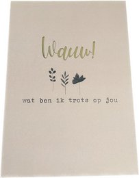 A gold foil "Wauw!" card with a floral design, perfect for a birthday celebration.