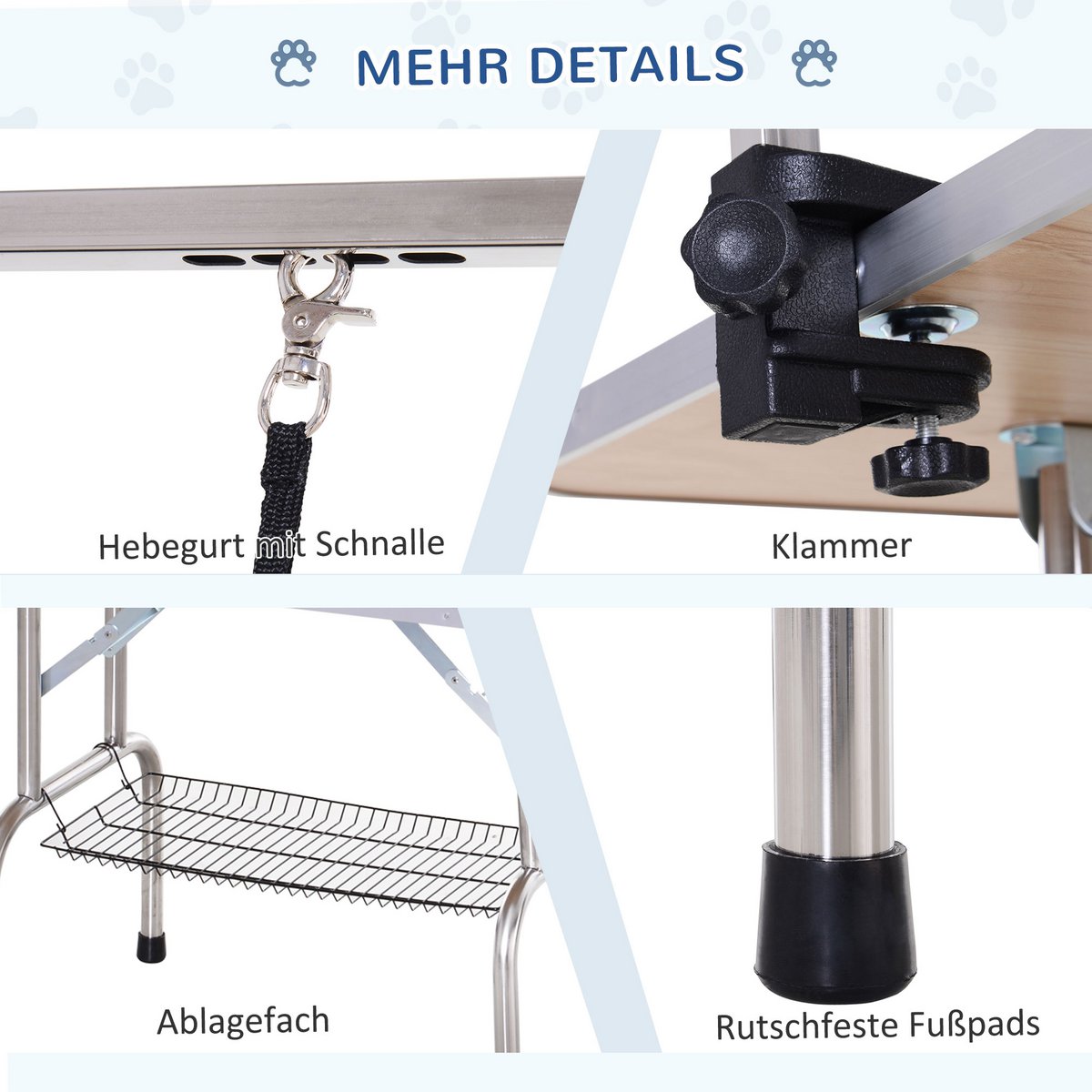 Trimming table for dogs, dog grooming table, foldable, pet grooming table with height-adjustable boom, slings, non-slip surface, shearing table up to 150 kg, 91.5 x 61.5 x 76 cm, black
