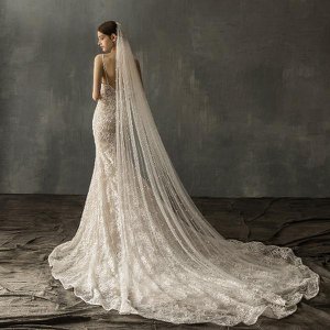 Cathedral Long Bridal Veil with Pearls & Lace Flowers